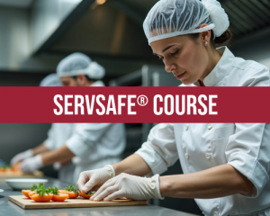 ServSafe Course over chef preparing food in the background.