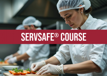 ServSafe Course over chef preparing food in the background.
