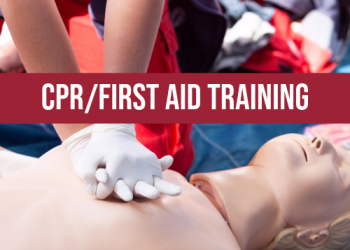 CPR/First Aid Training with text over a person administering CPR to a mannequin.