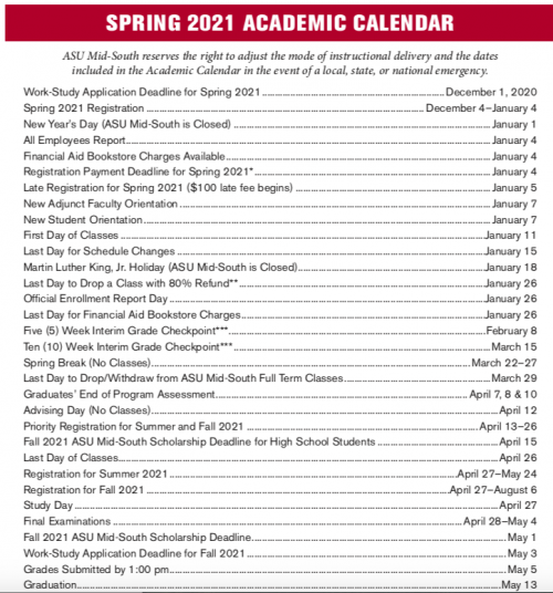 Academic Calendar ASU MidSouth West Memphis, Arkansas