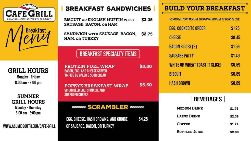 Breakfast Menu - Breakfast Sandwiches, Specialty Items, Scrambler, Build Your Breakfast and Beverage sections.