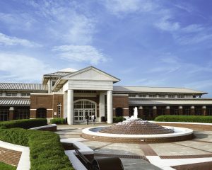Exterior of Reynolds Center with fountain running