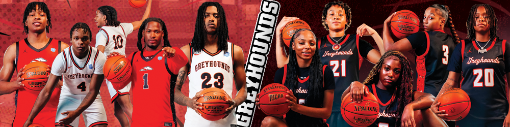 Current Players Posing for the photo with Greyhounds text between the men's and women's basketball teams.