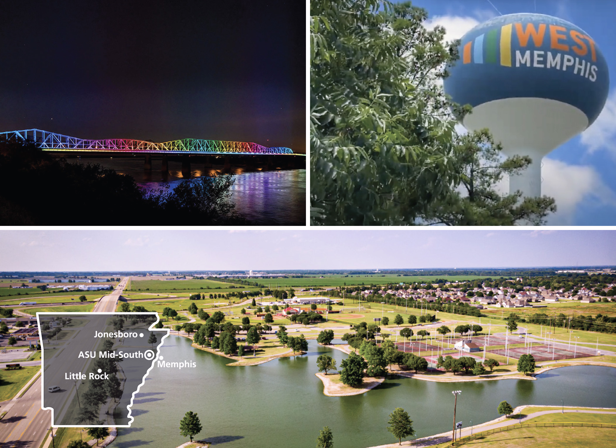 Photo collage of the I-55 Bridge at night with multi-colored lights, The West Memphis water tower and aerial view of the local ballfields with an Arkansas shape highlighting the location of ASU Mid-South in the state. 