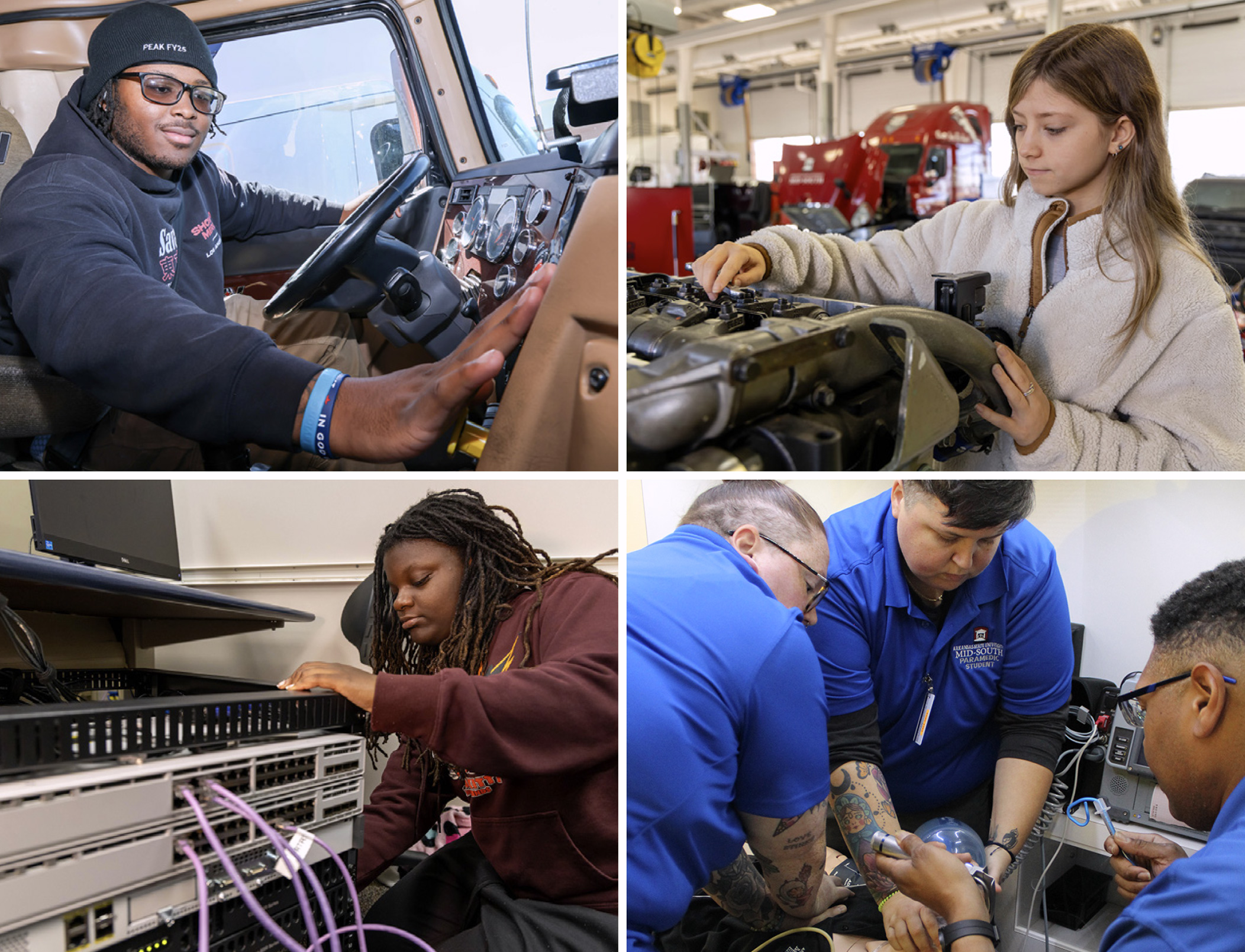 Picture collage of Truck Driving, Diesel Tech, Information Systems Tech and Emergency Medical Services Programs 